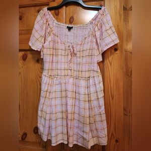 Torrid Pink Plaid Smocked Tie Front Blouse Flutter Sleeve, Size 2